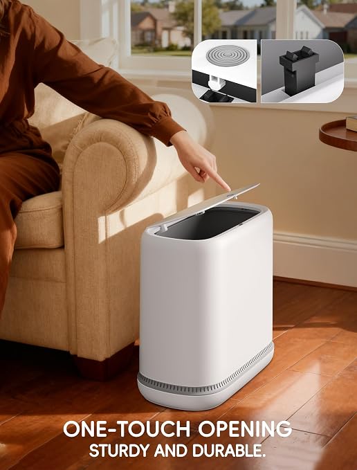 Dog Proof Small Bathroom Trash Can with Lid, Slim Press Top Garbage Can, Narrow White Plastic Waste Basket, for Bathroom Bedroom Office 4.8 Gal with 5 Rolls 75 Trash Bags