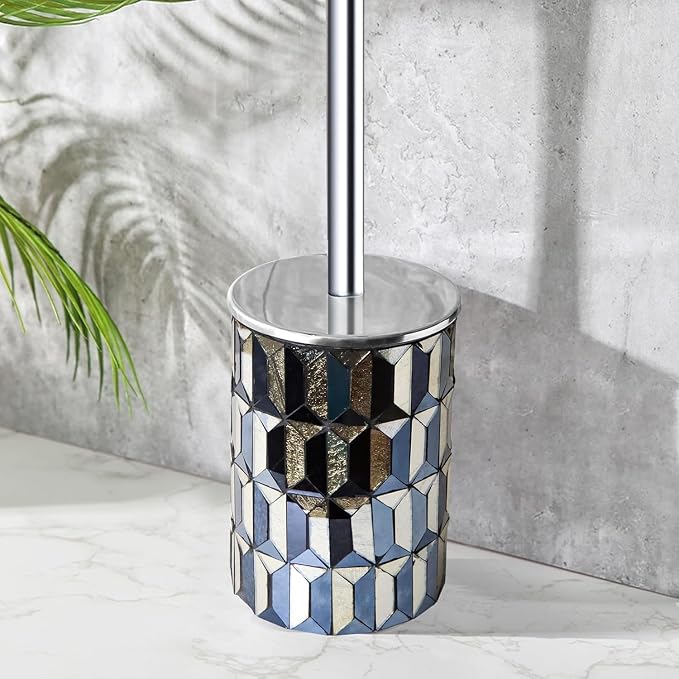 Escenzy Cute Toilet Brush and Holder Set Mosaic Glass | Non-Rustic Stainless Steel | Practical & Decorative Toilet Bowl Brush and Holder | Luxury Black and Gold Bathroom Accessories (Latest)