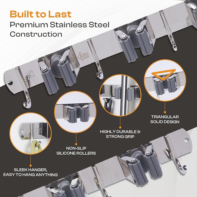 Stainless Steel Broom Holder Wall Mount, 4 Racks & 5 Hooks | Rust-resistant organizer for mops, brooms, tools and garden equipment, adjustable wall storage, silver