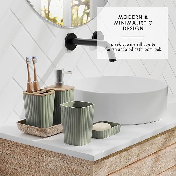 Clara Clark Bathroom Set - Sage Green Bathroom Accessories Set, 6PC Bathroom Accessory Set, Bathroom Sets with Bathroom Rugs, Toilet Brush, Trash Can & Soap Dispenser