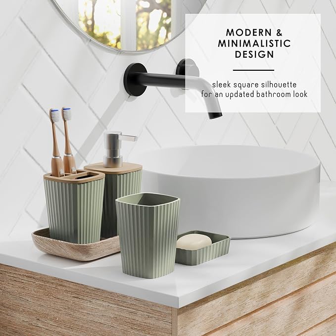 Clara Clark Bathroom Set - Sage Green Bathroom Accessories Set, 6PC Bathroom Accessory Set, Bathroom Sets with Adhesive Corner Shower Caddy Hanging, Toilet Brush, Trash Can & Soap Dispenser