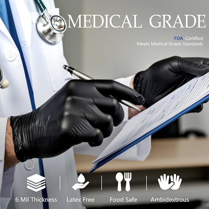 Black Disposable Nitrile Gloves, 6Mil 100 Pcs Food Safe Cooking Gloves Latex Free Rubber Gloves for Cleaning Exam