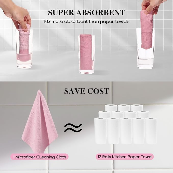 Microfiber Cleaning Cloth Roll 90 Pack, 12"×12", Reusable, Pink & Grey | Tear Away, Highly Absorbent, Lint Free, Reusable & Washable for Kitchen, Window, Car, Shop