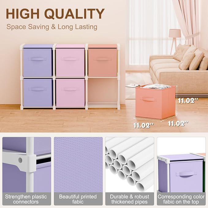 Briwooody 6 Cube Storage Organizer Bins with Shelf, Pink,Purple,Orange | 11x11'', Storage Organizer, Toy Storage Box, Back to School, Dorm Organizer, Fabric Drawers, Playroom Bedroom Storage Cabinet
