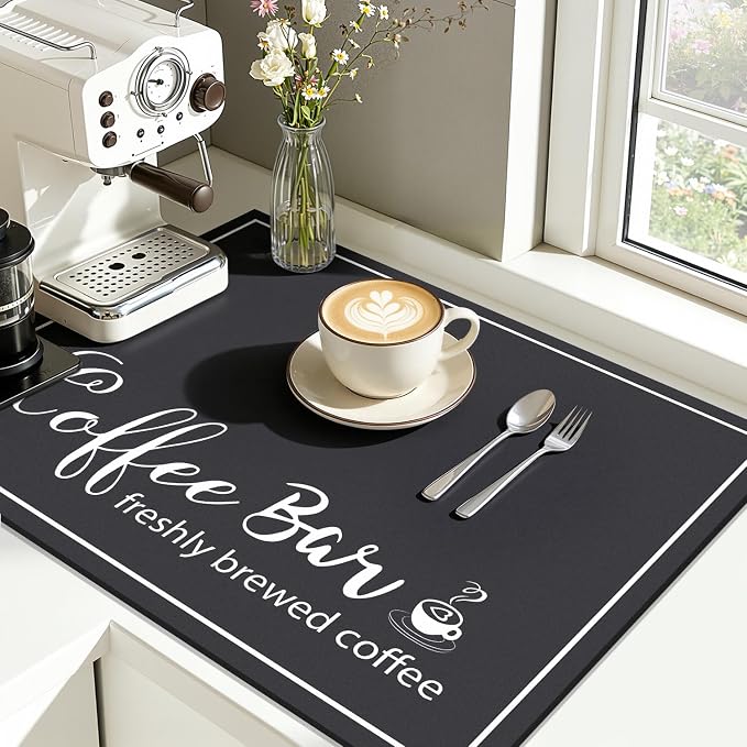 Findosom 12"x 20" Dish Drying Mat, Super Absorbent & Cuttable Coffee Mat, Hide Stain Bar Mat for Kitchen Counter, Coffee Bar Accessories, Black (Pack of 2)