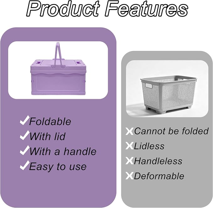 Foldable Small Plastic Baskets with Lids and Handles for Organizing,Collapsible Storage Crates, Stackable Bins for Home Kitchen Bedroom Bathroom Office (Purple, 12 * 8 * 7)
