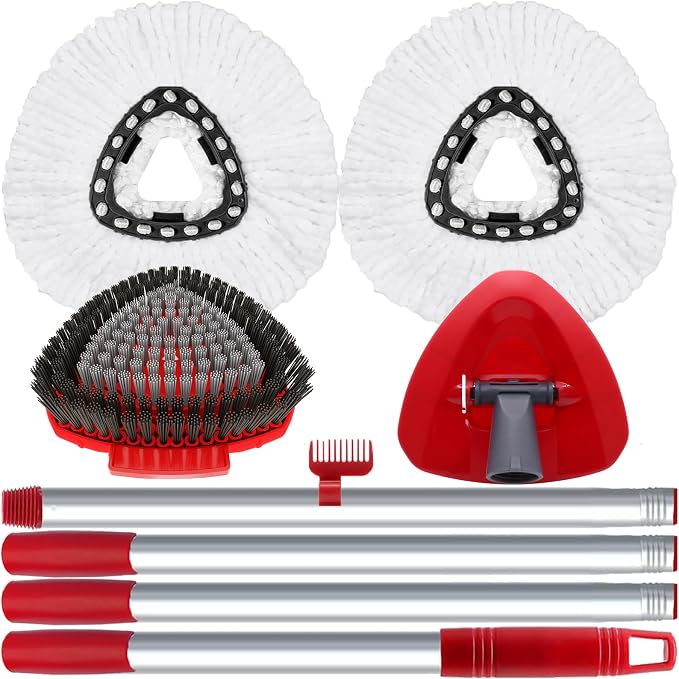 2 Pack Spin Mop Heads Replacement Compatible with O Cedar EasyWring 1Tank, Upgraded Scrub Brush,4 Section Mop Handle and 1 Base Combo Set, Microfiber Replace Head Refill