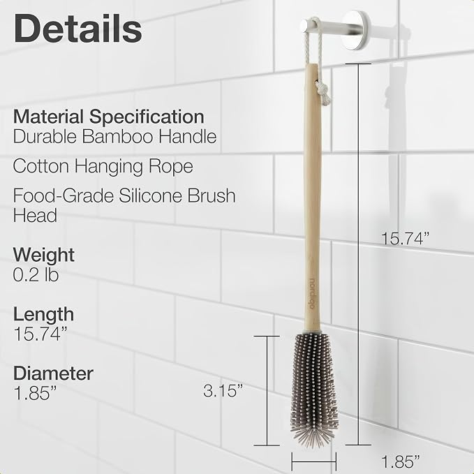16" Extra Long Bamboo Bottle Brush with Plastic-Free Silicone Head | Cleans deep bottles effortlessly. Ergonomic bamboo handle and flexible silicone brush head. Hygienic hang cord.