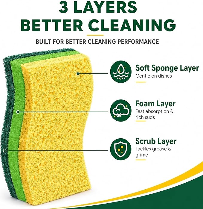 12 PCS Sponges Kitchen, Non Scratch Scrub Sponges for Washing Dishes, Green | 3-Layer Kitchen Sponge, Dual-Sided Cleaning, Rich Suds Fast, Easy-Grip Design, Easy Rinse & Quick Clean, 12 Pack Value