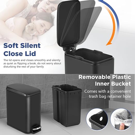 1.3 Gallon Small Kitchen Trash Can, Stainless Steel, Removable Plastic Inner Bucket Lid, Foot Pedal, for Bathroom