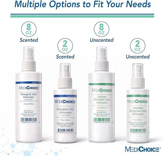 MediChoice Biological Odor Eliminator Spray, 8 Oz Fresh Scent Pump Bottle - Dye Free, Quick Drying, Ideal for Fabric, Skin, Hair - Odor Neutralizer for Home, Hospital, Health Care Clinic