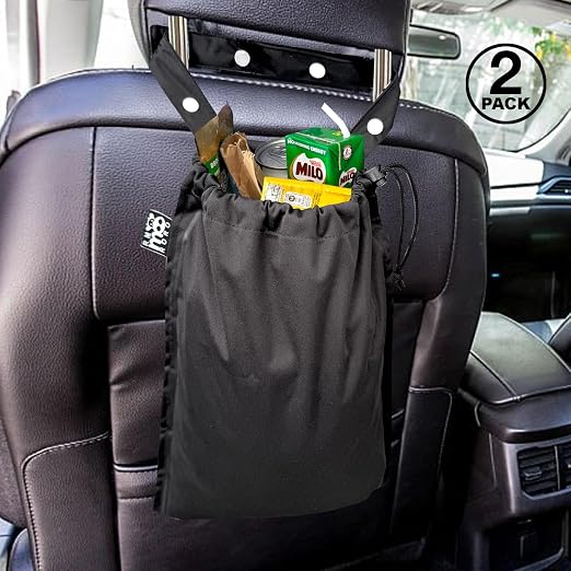 2 Pack Leakproof Car Trash Bags Detachable Waterproof Garbage Bags with Drawstring Hanging Organizer for Back Seat & Travel Black
