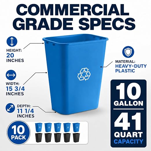 10 Pack, Recycle Wastebasket, 41 Qt./10 Gallon Rectangular Wastebasket / Trash Can Kit - Space Saving Recycling Bin, Narrow Spaces in Commercial, Kitchen, Home, Office, and Dorm - Black and Blue