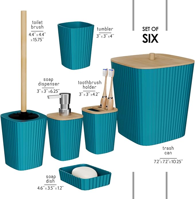 Clara Clark Bathroom Set - Teal Bathroom Accessories Set, 6PC Bathroom Accessory Set, Bathroom Sets with Toilet Brush, Trash Can & Soap Dispenser