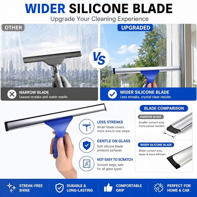Window Squeegee with 75" Extension Pole, ITTAR Rubber Water Wiper for Glass | Durable Stainless Steel Rod, Rotatable Head for Window Edge, Chenille & Microfiber Pad, Squeegee for Variety Cleaning Needs