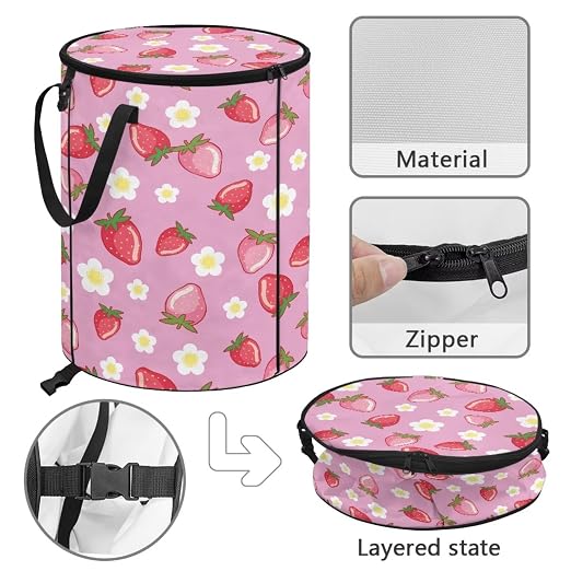 BIGCARJOB Strawberry Daisy Foldable Trash Can Outside Waste Basket Bin Water Resistant Garbage Bag 22.83x17.71 Recycling Bin Trash Can Bag with Zipperd Lid and Clip