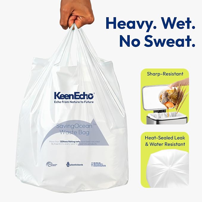 Small Trash Bags with Handles - Ocean Plastic Upcycling - Plastic Garbage Bags, Can Bin & Waste Basket Liner for Kitchen, Bathroom, Office and Pets,4 Gallon 50 Count White