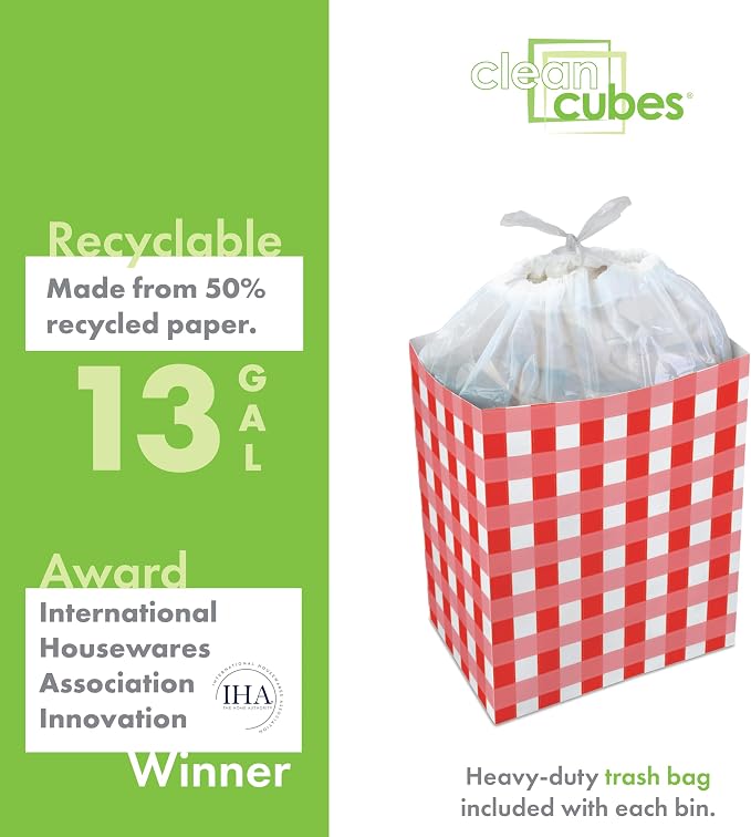 Clean Cubes 13 Gallon Disposable Pop-Up Trash Cans, 3-Pack (Picnic) | Extra Trash Space for Parties and Events, No Assembly Required, Built-In Liner, Wire-Reinforced Opening Stays Fully Open
