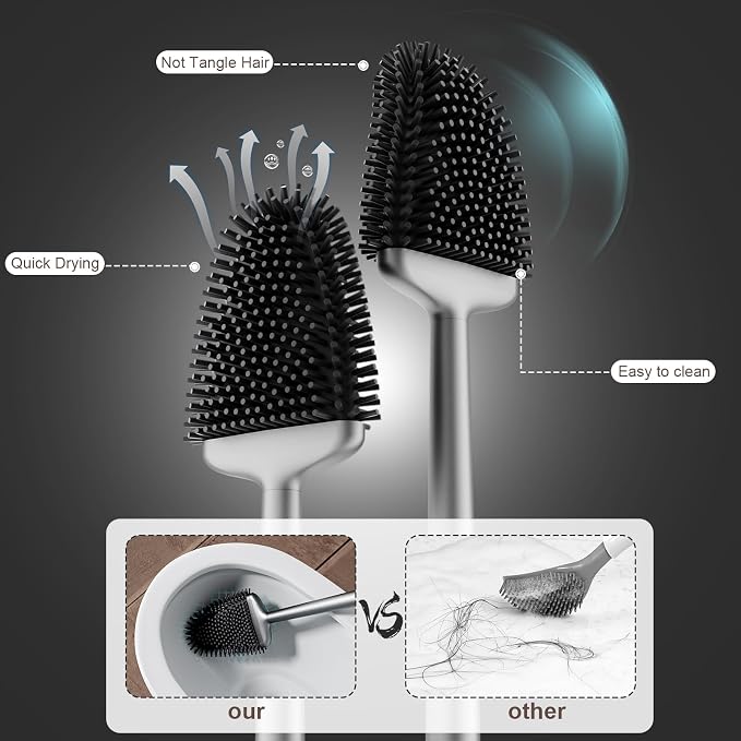 Silicone Toilet Brush, Ventilation Slots Base Holder 1 Pack Silver | Flexible Bristles Flat Head for Rim, Hair Tangle-Free, Easy to Clean, Compact Design, Rustproof Handle, for Toilet/Sink/Tub