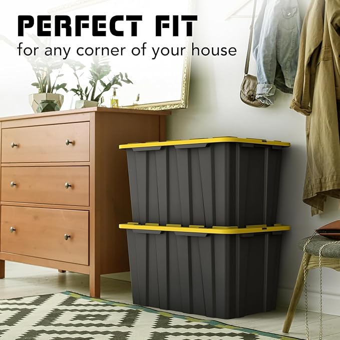 4 PACK of 17 Gallon Large Black & Yellow Storage Bins | Plastic Tote Organizing Container with Secure Latching Lids, Stackable, Extra Strength with Built in Handle | 24.5" x 16.5" x 13.5"