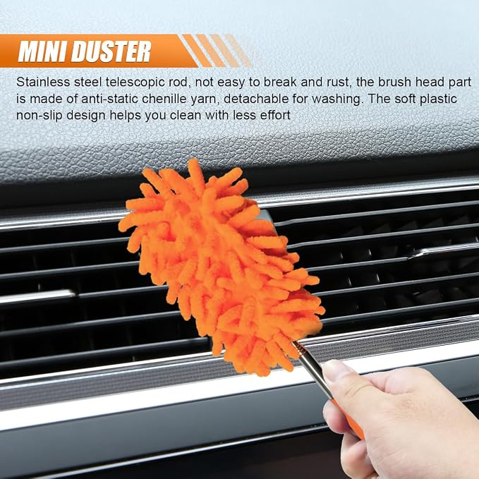 6PCS Microfiber Duster for Cleaning, Washable Chenille Hand Dusters with Extendable Telescoping Pole, Mini Car Interior Dusting Brush Tool for Auto Dash, Home, Office, Blinds(Orange)