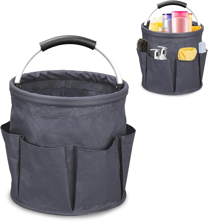 Professional Wearable Cleaning Caddy Organizer, 11" Multi-Purpose Supply Bag with Shoulder Strap & Handle, Portable Storage Tote for Housekeeping, Camping, Beach Gear & Car Detailing, Grey