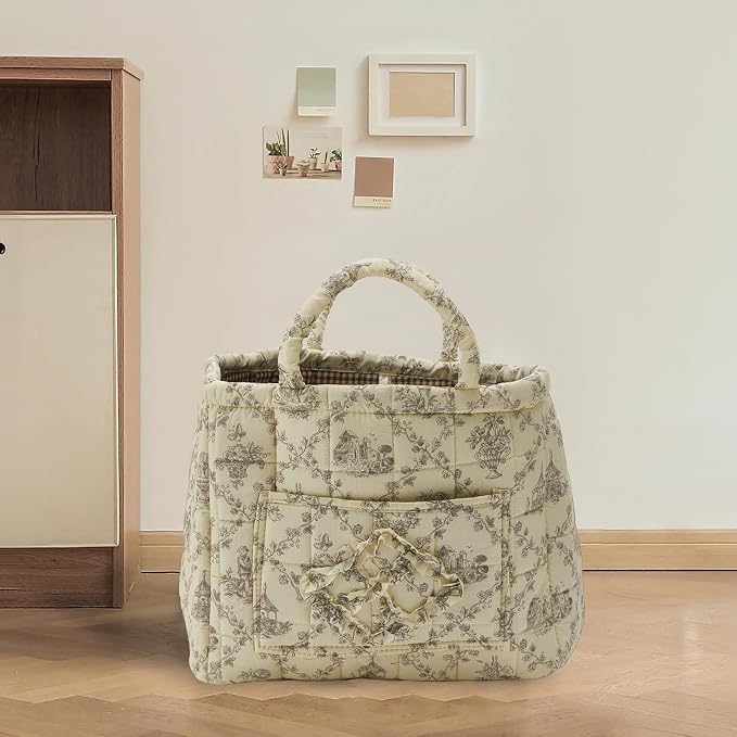 Quilted Fabric Storage Basket with Handles & Pocket, Foldable Laundry Hamper Boho Floral Print Organizer Bin for Home, Picnic, Office 12"x10"x10" (B-1)