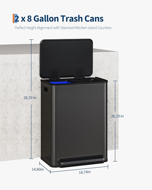 GarveeHome 60 L/16 gal Kitchen Trash Can,2×8 gal Pedal Trash Bin with Removable Baskets,Stainless Steel Garbage Can for Kitchen Office Restaurant School Hospital