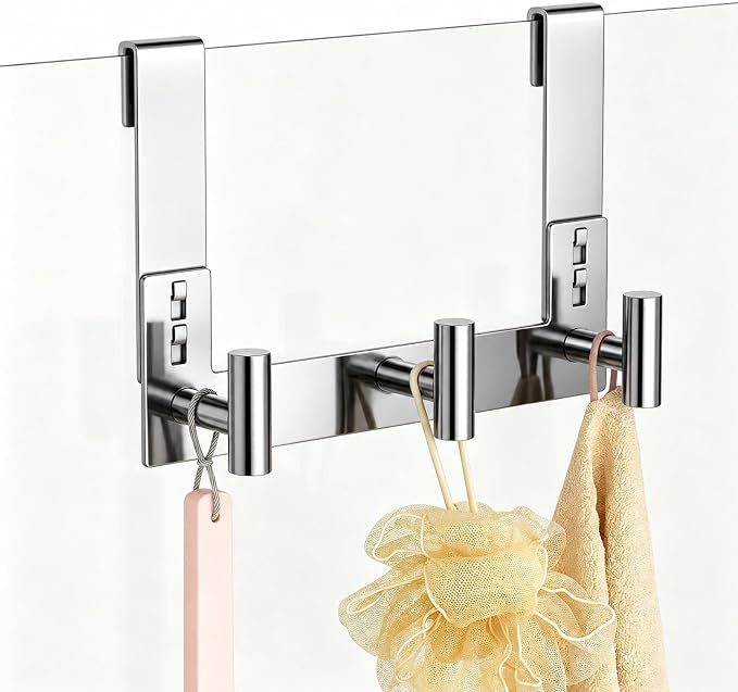 PMMASTO 3-Hook Shower Door Rack, Polished Silver, Fits 3/8-Inch Glass | Extra-Long Heavy-Duty Stainless Steel, No-Drill Design, 3 T-Shaped Hooks for Bathrobes and Towels on Frameless Shower Doors