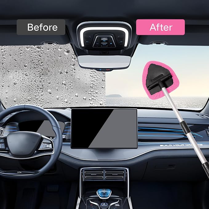Qydipclin 10pcs Windshield Cleaner Tool, Car Window Cleaning Wash Kit with 4 Reusable Microfiber Pads 1 Spray Bottle and Extendable Handle Auto Glass Wiper Kit, Pink
