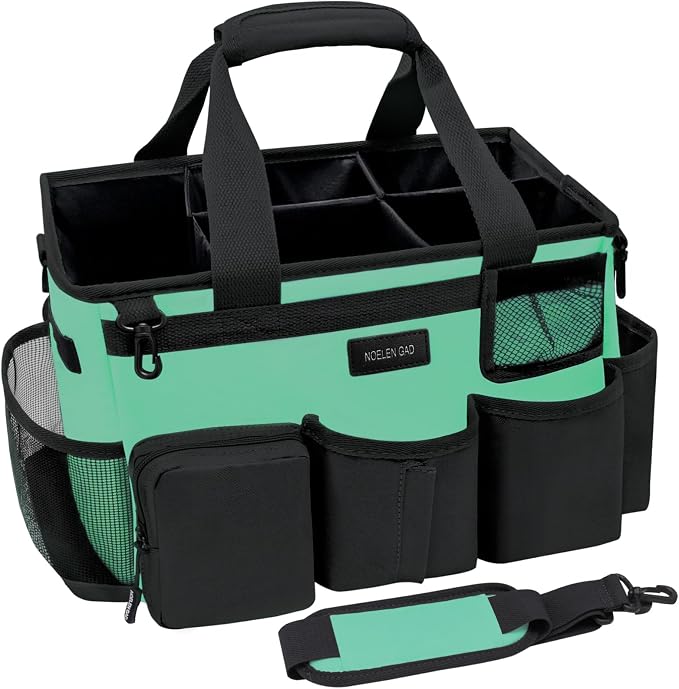 Wearable Cleaning Caddy Bag,Cleaning Supply Tote for Cleaning Supplies, Cleaning Organizer with Adjustable Shoulder and Waist Straps for Cleaners Housekeepers (Lake Green and Black, Large)