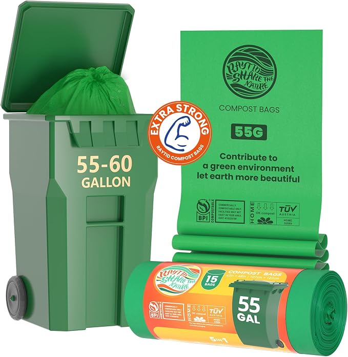 55-60 Gallon Compostable Trash Bags Liners, Heavy Duty Extra Thick 1.57 Mil, 208.2 Liter, 15 Bags, Lawn, Yard, and Restaurant Use, ASTM D6400, US BPI, OK Compost Home Certified
