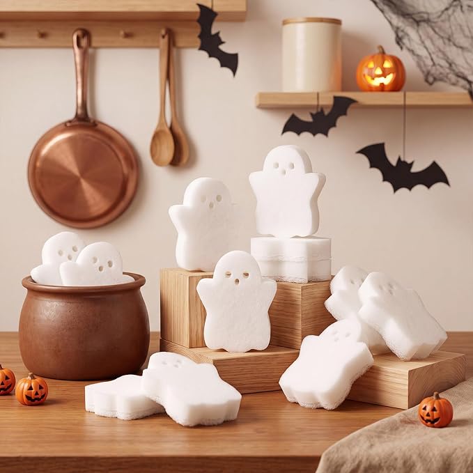 Tioncy 12 Pack Halloween Skull Kitchen Sponges, White | Dual Sided Scrubber, Cute Halloween Decor, Reusable Non Scratch Dishwashing, for Cookware Pot Boiler Pan Household