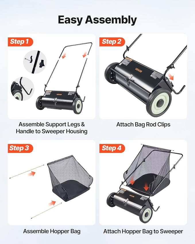 VEVOR Push Lawn Sweeper 26 Inch Leaf & Grass Collector Strong Rubber Wheels | 7 Cu. Ft. Hopper Bag, 4 Spinning Brushes, Adjustable Brush Height, Yard Sweeper for Leaves, Grass Clippings & Pine Needles