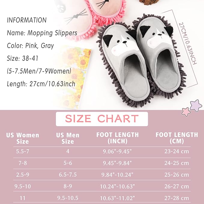 Detachable Dog Mop Slippers for Floor Dusting, Gray | Washable Microfiber Cleaning Slippers for Kitchen Room Office, Non Slip Mopping Slippers for Women
