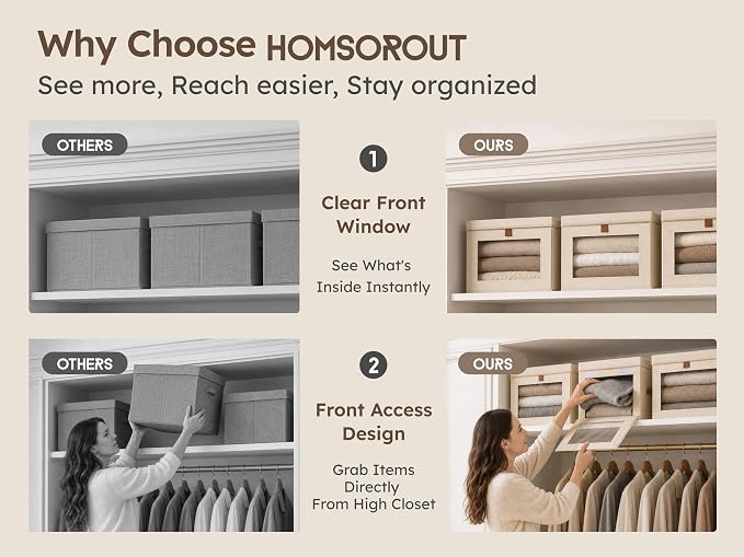 Homsorout Large Closet Storage Organizer - Clothes Storage Bins with Handles & Window, Collapsible Decorative Boxes with Lids, Fabric Containers for Living Room, Dorm, 5 Pack, Beige