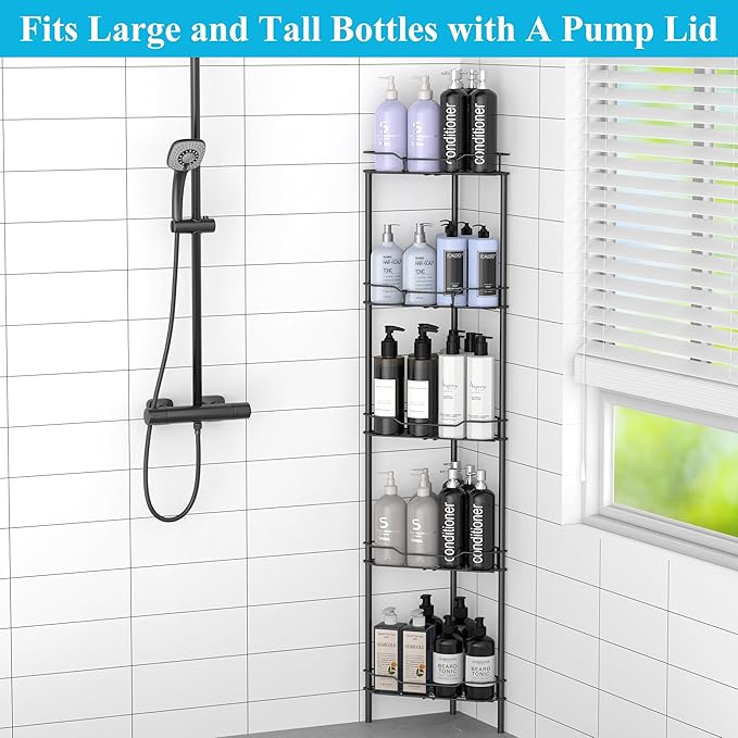 HuggieGems Metal Floor Standing Corner Shower Caddy, Matt Black, 5 Tier | Adhesive Bathroom Organizer Shelves, Free Standing Shower Rack with Hooks, Hold Large Shampoo Bottles