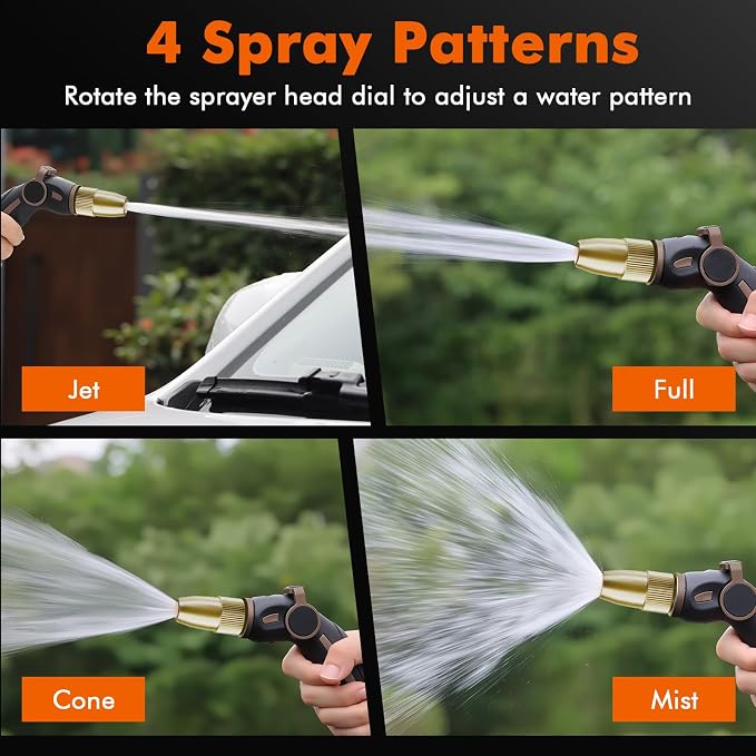 RESTMO Garden Hose Nozzle, Heavy Duty Water Hose Sprayer Nozzle, Brown | Brass Head, Thumb Control, Adjustable 4 Spray Patterns, Leak-proof, Metal Hose Nozzle for Outdoor Lawn & Plant & Car
