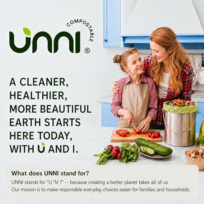 UNNI 3 Gallon Compostable Bags with Easy-Tie Handles, 11.35 L, 200 Count | Small Compost Bags for Countertop Bins & Kitchen Food Scraps, 2 Packs of 100, Certified by BPI, CMA & OK compost HOME