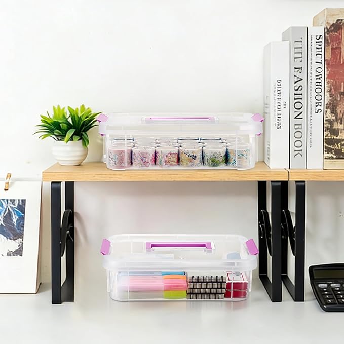 BTSKY Clear Plastic Storage Box, Portable Organizer Container Purple Handle | Stackable Storage Bin for Office Home, Multi-Use Container Box with Lid for Stationery Jewelry Craft Sewing Supplies