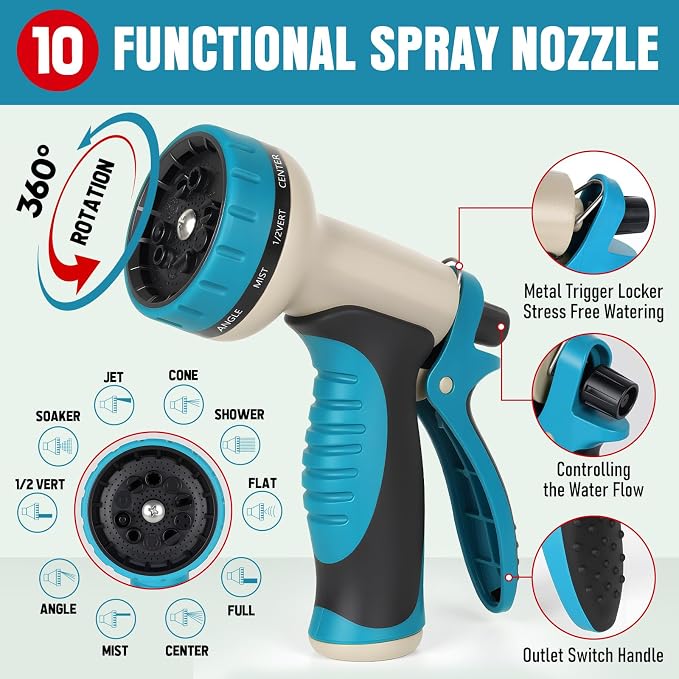 Garden Hose 50 ft x 5/8" with Nozzle, Water Hose Heavy Duty Flexible, Lightweight Kink-less Hybrid Hose with Swivel Handle, Male to Female Fittings