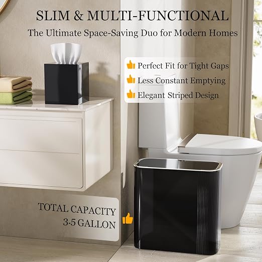 3.5 Gal Black Bathroom Trash Can with Lid & Acrylic Square Tissue Box Cover | Covered Slim Trash Can With Tissue Box Holder Helps Organize Bathroom, Bedroom, And Living Spaces While Saving Room