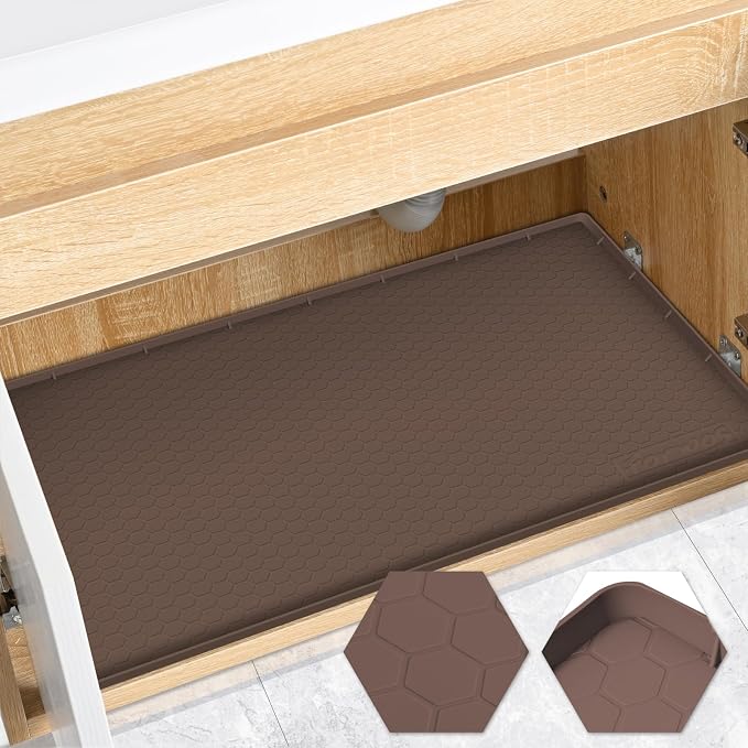 Silicone Under Sink Mat, 34"x19", Waterproof Cabinet Liner, Brown | Shelf Liner, Cabinet Protector, Home Organizer, for Kitchen, Bathroom, Multipurpose, Leak Proof, Easy Clean, Drip Tray, Clean