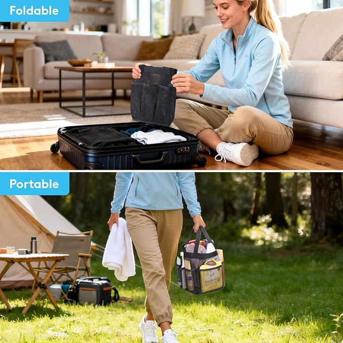 Lifewit Mesh Shower Caddy Portable, Dorm Room Essentials, 2 Packs, Black | 2 Handles, Freestanding, Quick Dry Tote Bag, 7 Pockets, for Toiletry, Bathroom, Beach, Swimming, Gym, Camping, Travel