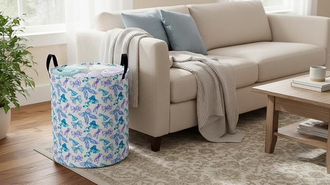 Collapsible Round Storage Basket, Soft-Sided Organizer with Waterproof Coating, Foldable Bin for Clothes,Laundry Basket, Nursery Hamper, Gift Baskets(Blue Bright Bowknot)