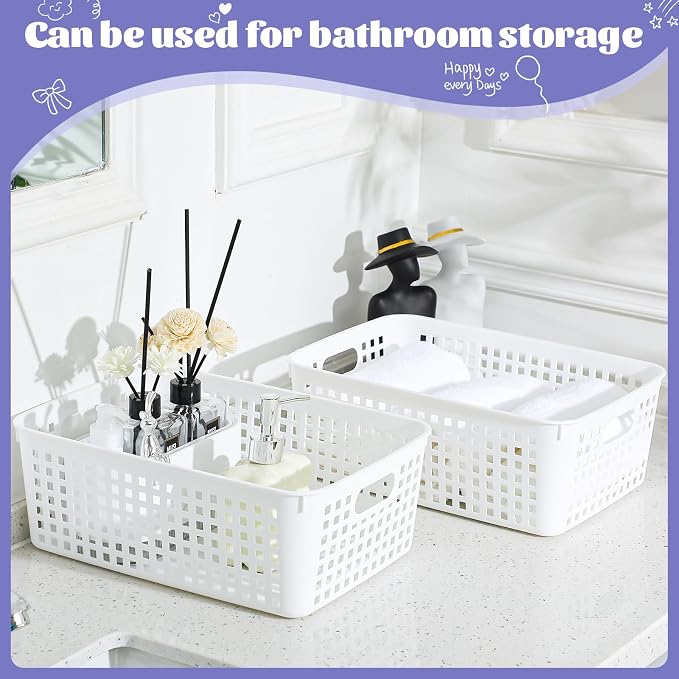 Lineshading 12 Pack Plastic Storage Baskets for Organizing, White | 13 x 10'' Large Plastic Storage Baskets Bins with Grip Handles, Stackable Mesh for Cabinets, Desktops, Shelves, Home & Office