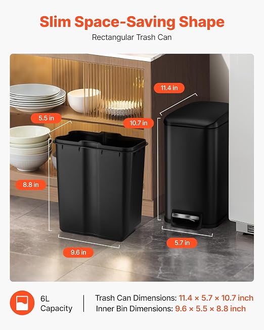 VEVOR Slim Bathroom Trash Can, 11.4 x 5.71 x 10.7 Inch Small Bedroom Trashcan with Step Pedal & Soft Close Lid, 6L Steel Garbage Can with Detachable Inner Bin, for Kitchen, Home, Dorm, Office, Black