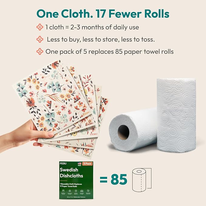 FEBU Swedish Dishcloths for Kitchen, 5 Pack, Eastern | Reusable Paper Towels Washable, Swedish Dish Towels, Non-Scratch Cellulose Sponge Cloths, No Odor