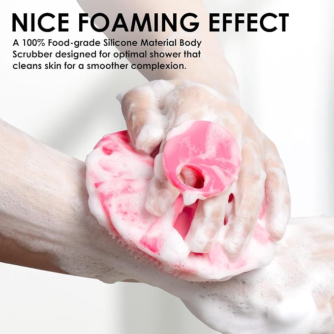 Pink Food-Grade Silicone Body Scrubber with Exfoliating Net Sponge Case | Handheld Bath Scrub Shower Brush Set For Women Men, All Skin Types, Deep Clean, Lather Well, INNERNEED
