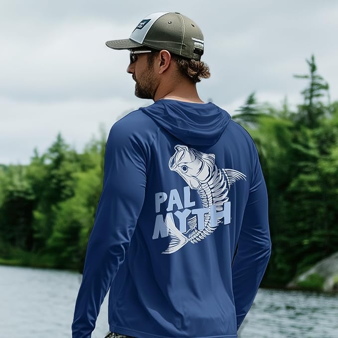 Palmyth Men's Fishing Hoodie UPF 50+ Long Sleeve with Face Mask Neck Gaiter | Zipper Pocket, Thumb Loops, Quick-Dry, Side Mesh Panels, Lens Cleaning Cloth
